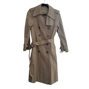 Vintage Sears Tan Khaki Double Breasted Belted Trench Coat Petite Size 8 9171